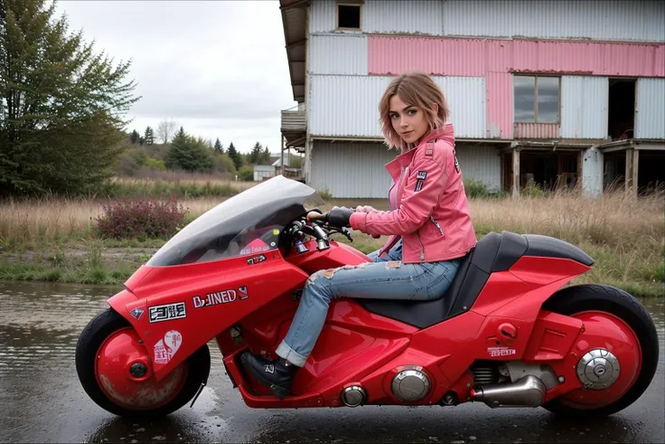 photo of a sexy woman in an abandoned place (riding a red akirabike:1.2), very skinny, ana de armas, (pink jacket:1.3), (white shirt:1.2), jean pants, smiling, flirting to the camera, (hdr:1.3), (muted colors:1.1), cinematic, filmic, blurry, (poor quality photo: 1.4), (adult woman:1.21), (short hair:1.1), muddy, rain, storm,  <lora:akiraMotorbikeBATE_v02plus:0.7>