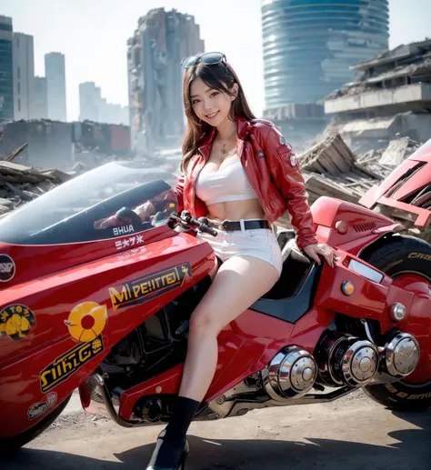 upper body, masterpiece, best quality, a pretty woman, beautiful face, wearing white jacket, (riding a red akirabike in the ruins of a cyberpunk city), (round scifi metal breastplate shining coldly), (big warm grin) <lora:akirabikev0.1-000001:0.82> ulzzang-6500-v1.1, looking at viewer