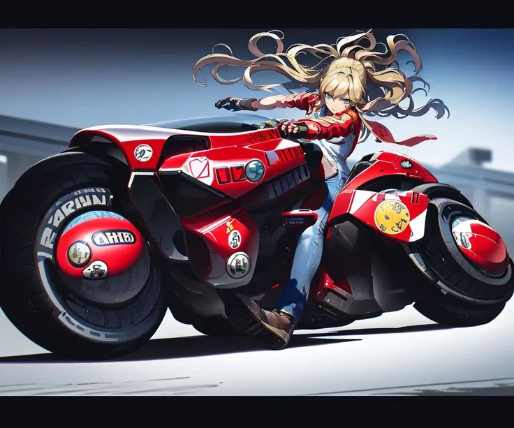 masterpiece,best quality,ultra detailed,an extremely delicate and beautiful,hyper realistic,depth,4k,
cyberpunk city,road,side view,
<lora:akirabikev0.2:1>full akirabike,2tire,
running akirabike,
hands-free driving,looking at side,
1girl,flat chest,pretty girl, beautiful face,18years old,solo,blond long wavy hair,
show 1leg,fold arms,hands-free driving,feet in the air,looking at air,stretch legs,
wearing white jacket and jeans,
