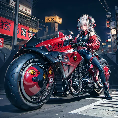 official art, unity 8k wallpaper, ultra detailed, beautiful and aesthetic, masterpiece, best quality, realistic, <lora:vtuberNakiriAyame_v5:0.7>, horns, blush, long hair, white hair, streaked hair, red eyes, hair bow, mole under eye,  red akirabike, riding bike, night, cyberpunk city view, epic screen, school uniform,