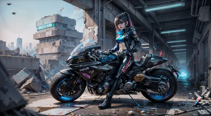 closed - up, masterpiece, best quality, 1 woman, (slender, thin), (wearing a black racing outfit), (riding a blue akirabike In the ruins of a cyberpunk city after a thermonuclear war, broken neon signs hanging from buildings, neon signs), (round scifi metal breastplate shining coldly), long legs, lots of exposed broken cables, Colorful glare and smoke, 1.5mm <lora:akirabikev0.2:0.6>, <lora:add_detail:0.3>
