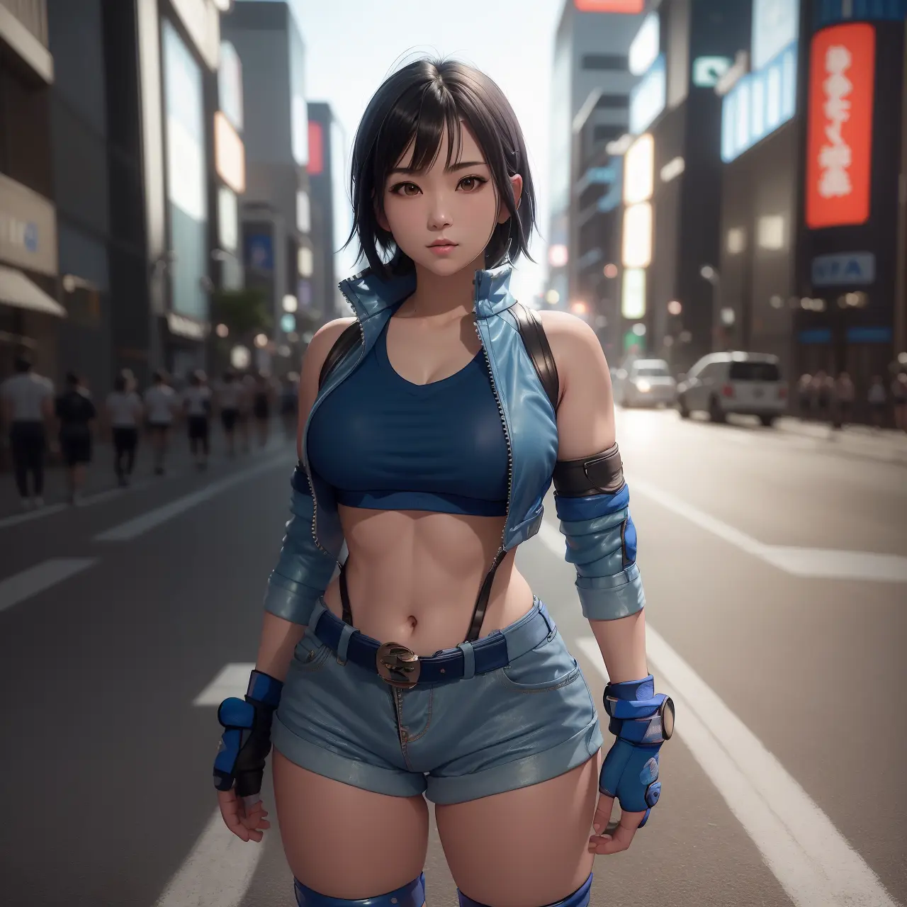 Masterpiece,8k, perfect face highly detailed,HDR, ultra realistic photoshoot, absurdres,award winning photo, extremely detailed, amazing, fine detail,
KazAsuka, Japanese woman, blue crop top, big breasts, denim jacket and minishorts, short black hair, MMA gloves, posing for a picture, in the streets of Osaka
<lora:KazAsuka:1>