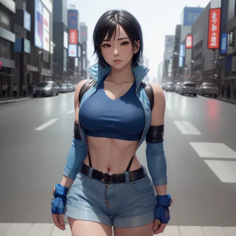 Masterpiece,8k, perfect face highly detailed,HDR, ultra realistic photoshoot, absurdres,award winning photo, extremely detailed, amazing, fine detail, 
KazAsuka, Japanese woman, blue crop top, big breasts, denim jacket and minishorts, short black hair, MMA gloves, posing for a picture, in the streets of Osaka
 <lora:KazAsuka:1>