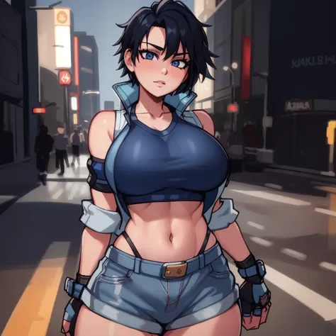 Masterpiece,8k, perfect face highly detailed,HDR, ultra realistic photoshoot, absurdres,award winning photo, extremely detailed, amazing, fine detail, 
KazAsuka, Japanese woman, blue crop top, big breasts, denim jacket and minishorts, short black hair, MMA gloves, posing for a picture, in the streets of Osaka
 <lora:KazAsuka:1>