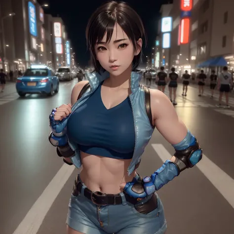 Masterpiece,8k, perfect face highly detailed,HDR, ultra realistic photoshoot, absurdres,award winning photo, extremely detailed, amazing, fine detail, 
KazAsuka, Japanese woman, blue crop top, big breasts, denim jacket and minishorts, short black hair, MMA gloves, posing for a picture, in the streets of Osaka
 <lora:KazAsuka:1>