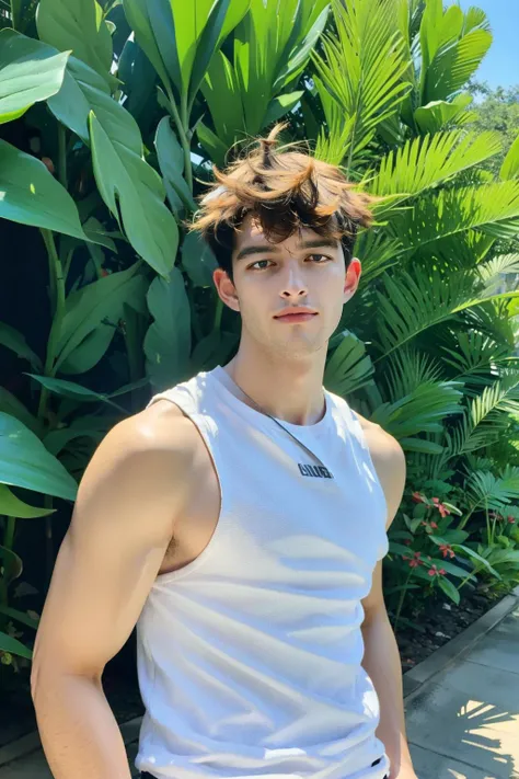 Full body shot, a handsome wearing tank top, upper body, outdoor, 28yo, caucasian, darelljones, ultra realistic, highres, solo, american boy, tropical forest, chill vibe, (masterpiece,best quality:1.5)
