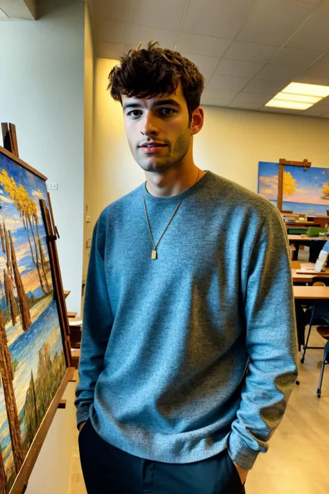 30 year old, college hunk, <lora:darelljones:0.8>, darelljones, realistic, upper_body, (masterpiece, best quality:1.2), natural light, 4k official art, unity 8k wallpaper, ultra detailed, beautiful and aesthetic, ultra realistic, best quality, 1man, handsome, caucasian male, college background, professor teaching to class, math class, school,, (masterpiece,best quality:1.5)