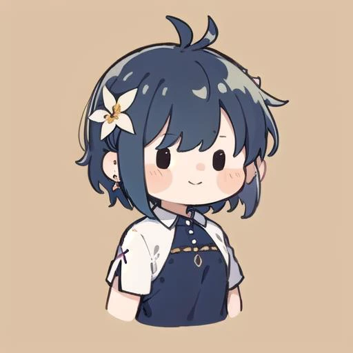 flat avatar, 1girl, solo, soft_smile,graduated bob, hair ornament, upper_body,chibi, simple background,Rich Blue hair, earrings, x hair ornament,hair flower, jewelry,tennis dress