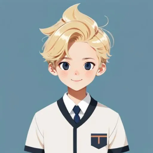 masterpiece, high quality, 1guy, blonde hair, blue eyes, white shirt, slight smile, flat avatar <lora:flat:1>