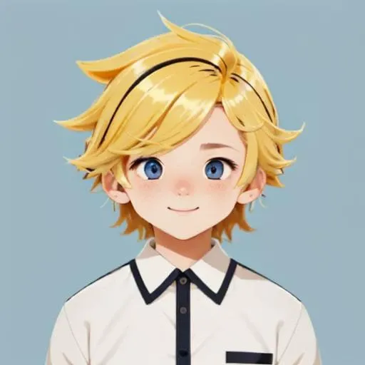 (masterpiece, high quality, ultra detailed), 1guy, blonde hair, blue eyes, white shirt, slight smile, flat avatar <lora:flat:1>
