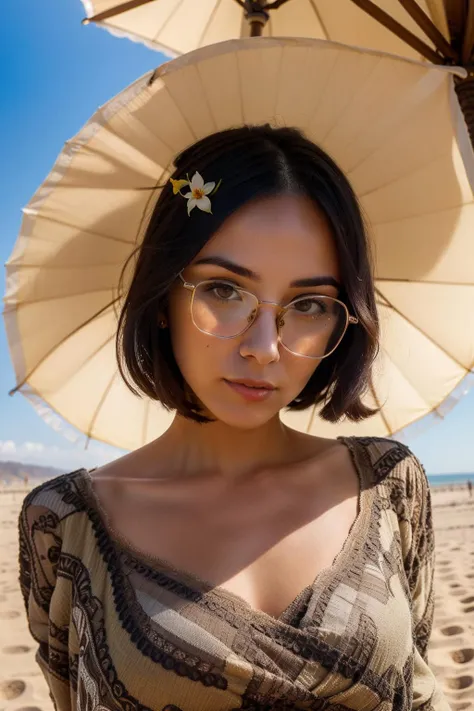 <lora:more_details:0.3> solo, very detailed, detailed face, agathe_auproux with glasses, picture of a beautiful 30yo woman, intricate view, ray tracing, wearing slim flower light dress with multiple color, outside, in sand, sunny day, in the sunlight, sunshine, parasol, 4k, raytracing , ultra hd, upper body, medium shot,sfw