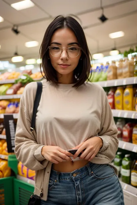 <lora:more_details:0.3> solo, very detailed, detailed face, agathe_auproux, picture of a beautiful 30yo woman, at the supermarket, wearing casual clothes, sfw, intricate view, people in the background, happy