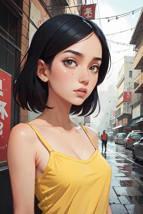 1girl detailed face serious mature yellow cotton Camisole, street Russ Mills Sui Ishida,best quality, masterpiece, scenery, <lora:GoodHands-beta2:0.8>,