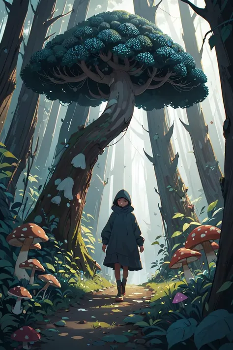 portrait of 1 woman, hood, perspective, walking in the forest, mushrooms, animals (Pointillism Rob Gonsalves) high contrast, best shadow, cinematic lighting (masterpiece, best quality:1.2), scenery, <lora:GoodHands-vanilla:1>,
