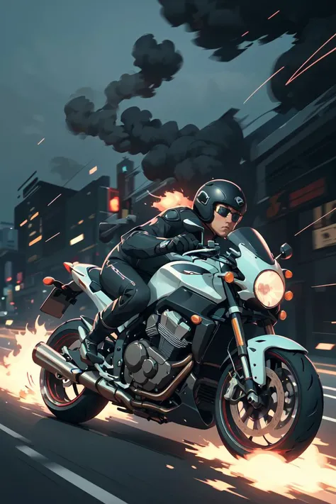 A (speeding) motorcycle the city at high speed,(slow motion:1.3),(Motion blur:1.3),(speed lines:1.4),sense of speed, Sparks and smoke coming out of tires, scenery, <lora:GoodHands-vanilla:1>,