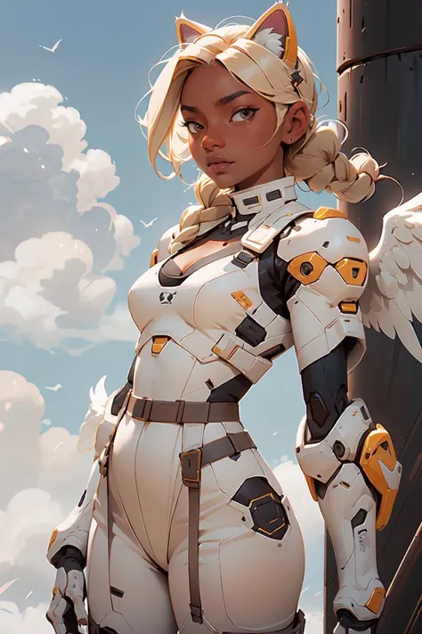 fportrait, african woman, cleavage, dark skin, cat girl, cat ears, tail, angel, braid, garter belt, dynamic pose, blonde, white outfit, clouds in background, white wings, android, cybersuit, exosuit, hardsuit, mechasuit, mecha <lora:nijiarmor_v2:0.9>