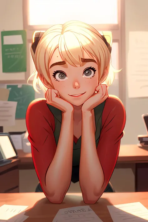 beautiful candid photo of saraVoxelsd15, excited, (short platinum blonde hair:1.2), cropped hoodie, leggings, perfect lighting, desk, looking at viewer <lora:more_details:0.5>