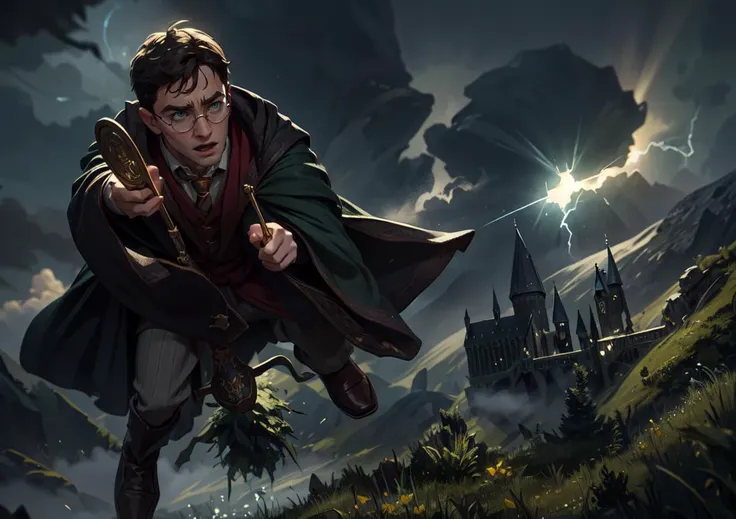 a man, single character, The magician, hogwards, harry potter, outdoor, [Daniel Radcliffe :: 0.8], magic, green eyes, A lightning-shaped scar on the forehead on the right harry potter, round glasses, detailed eyes, eyes contact, dark night, action packed, epic pose, dramatic light, beautiful light, volumetric ray light, fog, hight quality, dlsr,  <lora:add_detail:0.4>