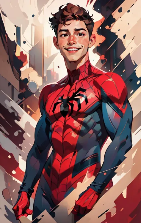 spiderman, handsome teenage male model, male focus, short brown curly hair, ,<lora:MaxRos:1.0> ,smile, spidersuitt, cody Christian BREAK