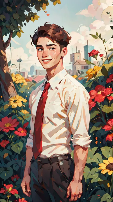 handsome teenage male model, male focus, short brown curly hair, erotic,<lora:MaxRos:1.0> ,smile, school uniform, tight white shirt, cody Christian BREAK
adjusting tie, garden, posh
