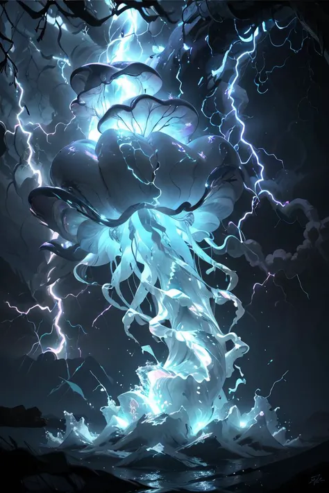 glowing,lightning,Colorful and glowing jellyfish,<lora:Dianhuun218 (11):0.6>best quality,masterpiece,(detailed light),lightning surrounds,