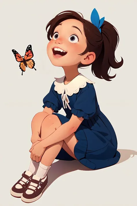 European and American cartoons, original character design, hand-drawn drafts, 1girl, bug, butterfly, solo, looking_up, ponytail, smile, brown_hair, open_mouth, white_background, sitting, dress, simple_background, child, ribbon, female_child, shoes, black_eyes, teeth, full_body, blue_dress, hair_ribbon,<lora:Animated characters:0.6>