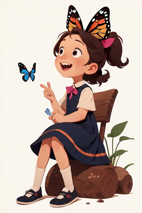European and American cartoons, original character design, hand-drawn drafts, 1girl, bug, butterfly, solo, looking_up, ponytail, smile, brown_hair, open_mouth, white_background, sitting, dress, simple_background, child, ribbon, female_child, shoes, black_eyes, teeth, full_body, blue_dress, hair_ribbon,<lora:Animated characters:0.6>