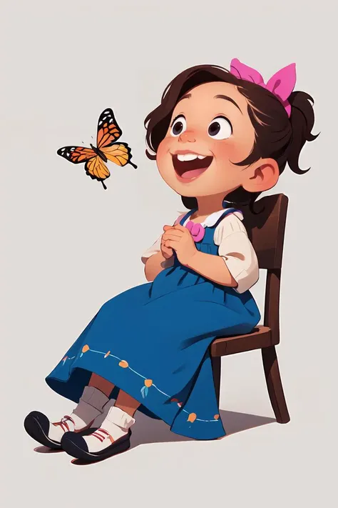 European and American cartoons, original character design, hand-drawn drafts, 1girl, bug, butterfly, solo, looking_up, ponytail, smile, brown_hair, open_mouth, white_background, sitting, dress, simple_background, child, ribbon, female_child, shoes, black_eyes, teeth, full_body, blue_dress, hair_ribbon,<lora:Animated characters:0.6>