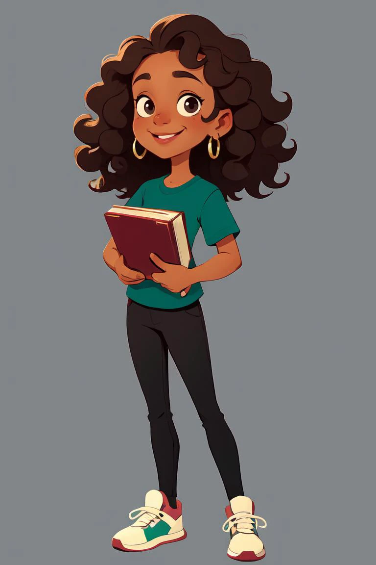 European and American cartoons, original character design, hand-drawn drafts, 1girl, solo, brown_hair, pants, jewelry, book, earrings, white_background, shoes, smile, simple_background, black_pants, full_body, holding, holding_book, standing, curly_hair, shirt, green_shirt, dark_skin, dark-skinned_female<lora:Animated characters:0.6>