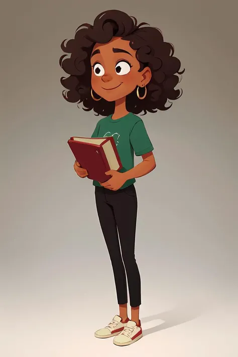 European and American cartoons, original character design, hand-drawn drafts, 1girl, solo, brown_hair, pants, jewelry, book, earrings, white_background, shoes, smile, simple_background, black_pants, full_body, holding, holding_book, standing, curly_hair, shirt, green_shirt, dark_skin, dark-skinned_female<lora:Animated characters:0.6>