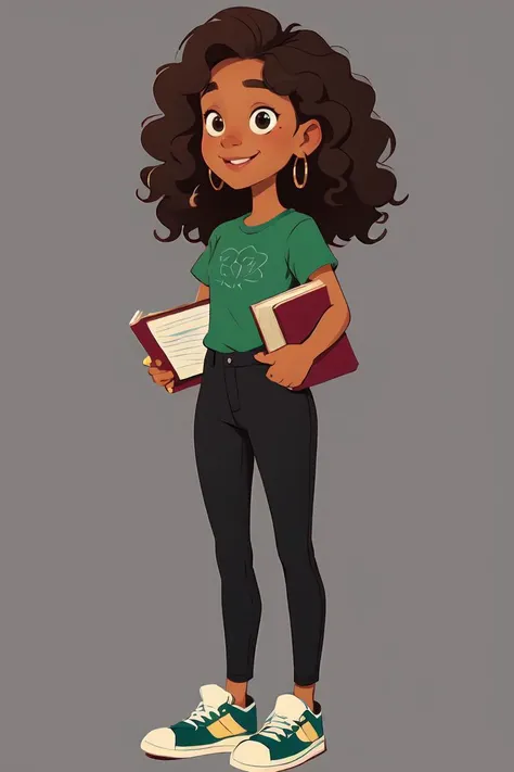 European and American cartoons, original character design, hand-drawn drafts, 1girl, solo, brown_hair, pants, jewelry, book, earrings, white_background, shoes, smile, simple_background, black_pants, full_body, holding, holding_book, standing, curly_hair, shirt, green_shirt, dark_skin, dark-skinned_female<lora:Animated characters:0.6>