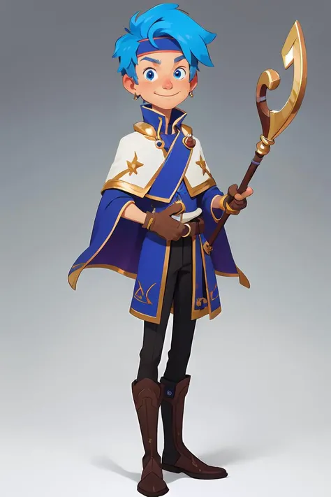 European and American cartoons, original character design, hand-drawn drafts, solo, staff, blue_hair, gloves, holding_staff, fingerless_gloves, 1boy, holding, boots, blue_eyes, white_background, headband, full_body, standing, male_focus, simple_background, capelet, earrings, jewelry, smile, dark_skin, belt, looking_at_viewer, short_hair<lora:Animated characters:0.65>