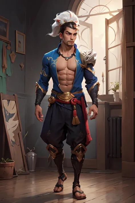 best quality, master piece, full body shot, highly detailed painting by alphonse mucha,
a male topless angles touching his chests, handsome pretty face, pretty eyes, thigh, light on the face, attractive expression, earrings,
fantasy, bara, dramatic pose, whole body, concept art, detailed face,