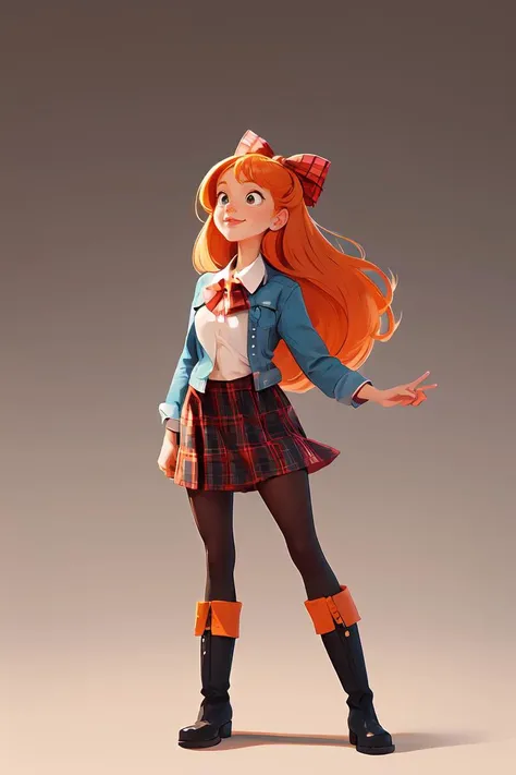European and American cartoons, exaggerated body shape, original design, 1girl, solo, long hair, skirt, pantyhose, boots, plaid, orange hair, plaid skirt, hair bow, looking up, <lora:ouka_V3:0.5>,full body,