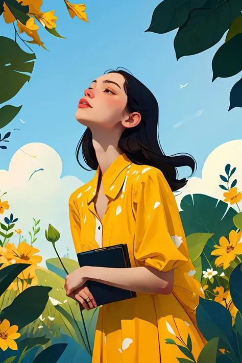 masterpiece, high quality, 1girl, black hair, yellow dress, leaves, flower, J_web_illustration <lora:æå¹³åwebæç»:0.8>