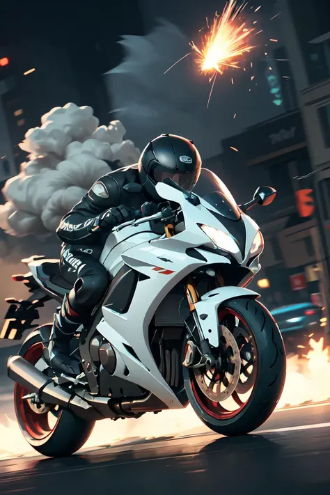 A (speeding) motorcycle the city at high speed,(slow motion:1.3),(Motion blur:1.3),(speed lines:1.2),sense of speed, Sparks and smoke coming out of tires, scenery, <lora:GoodHands-beta2:0.8>