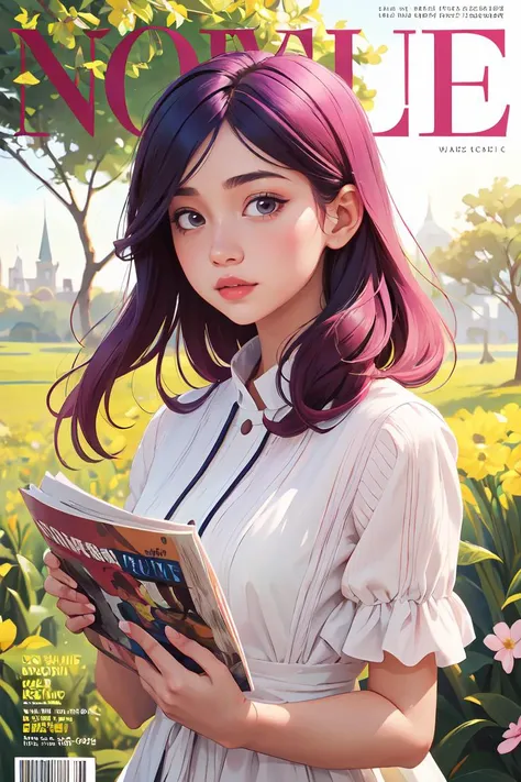 1girl, Masterpiece, Best quality, spring outfit, Colorful hair, Outdoor, MagazineCover ,Upper body, <lora:GoodHands-beta2:0.8>, scenery,