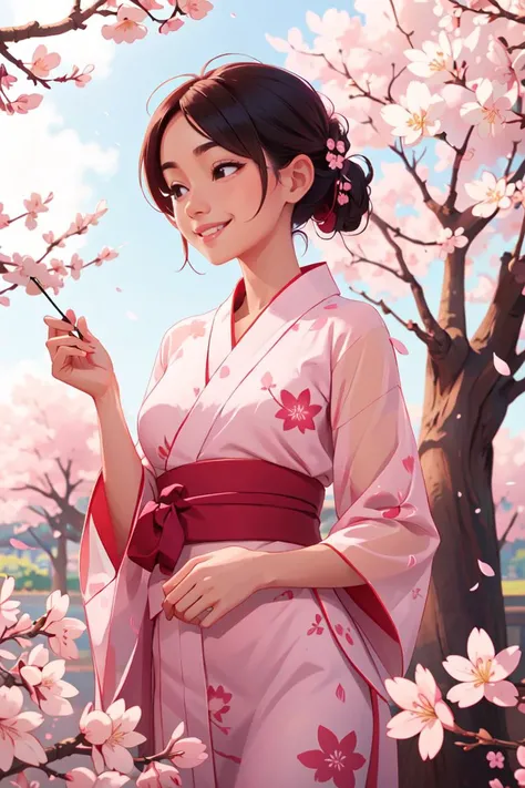 1girl, solo, smile, look away, beautiful see-through Yukata, delicate pattern, beautiful neck , complex background, cherry blossom (masterpiece, best quality:1.2), scenery, <lora:GoodHands-vanilla:1>,