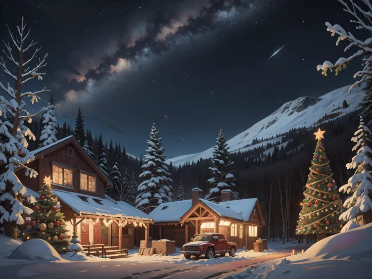 cozy scene, night scene, dark, village square, multiple buildings, snow sleds left in the snow on a small hill, christmas tree in the background, beautiful christmas lights, beautiful bright stars starry night, milky way galaxy, christmas background, christmas lights, warm feeling, softly lit by ambient candlelight and string lights, highly detailed, strikingly realistic, mistletoe, extremely detailed, intricate <lora:add_detail:0.6>  <lora:LowRA:0.6>