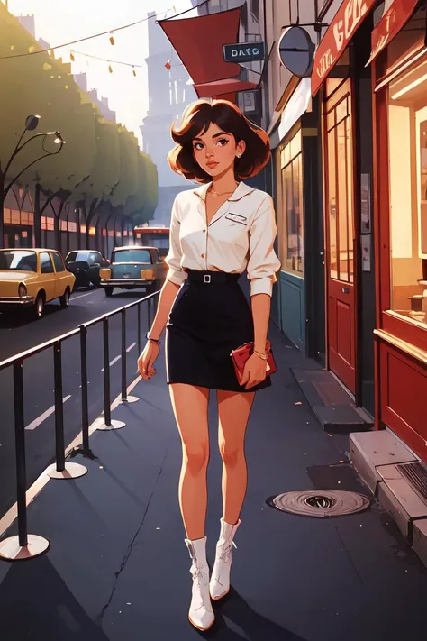 1girl coffee detailed 1980s fashion paris,8k, Darwyn Cooke, <lora:GoodHands-beta2:1>, scenery