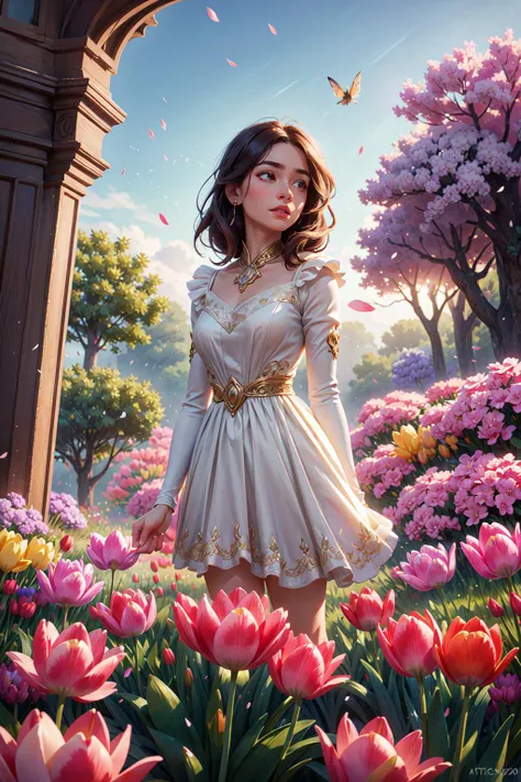 a variety of flowers, tulips, Flower petals are flying in the wind, action-packed, fairy tale, holiday, beautiful flowers, spring, dew on the flowers, detailed trees, beautiful nature, detailed flowers, bright colors, beautiful clouds, volumetric light, high quality, <lora:add_detail:0.8>, epic realistic, art, (hdr:1.3), hyperdetailed, (artstation:1.3), cinematic, warm lights, dramatic light, (intricate details:1.1), complex background