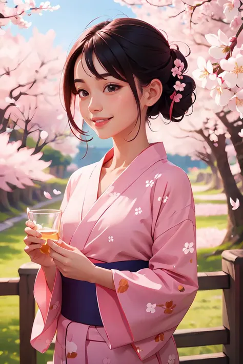 1girl, solo, smile, look away, beautiful see-through Yukata, delicate pattern, beautiful neck , complex background, cherry blossom ,masterpiece, best quality, scenery, <lora:GoodHands-beta2:0.8>