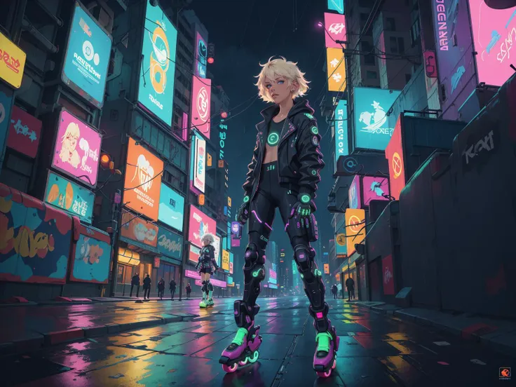 full body, (futuristic rollerblades:1), night,cyberpunk, neon,neon inline skates, <lora:epi_noiseoffset2:1> , mechanical eye, cyberntic eye, platinum blonde hair, BREAK circle, times square, neon lights, rain, spacecraft, BREAK hologram,posters,Billboards