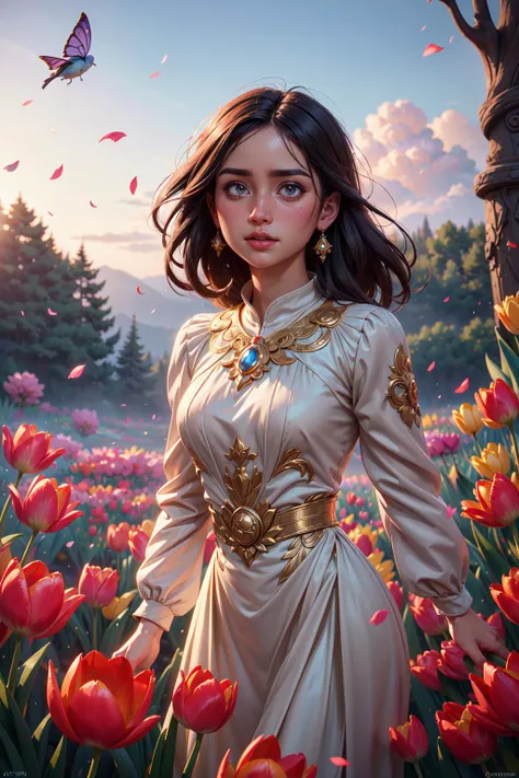 (Happy:1.3) a beautiful woman, beautiful holiday dress, a variety of flowers, look at viewer, tulips, Flower petals are flying in the wind, action-packed, cinematic angle, fairy tale, holiday, beautiful flowers, spring, dew on the flowers, detailed trees, beautiful nature, detailed flowers, bright colors, beautiful clouds, volumetric light, high quality, <lora:add_detail:0.8>, epic realistic, art, (hdr:1.3), hyperdetailed, (artstation:1.3), cinematic, warm lights, dramatic light, (intricate details:1.1), complex background