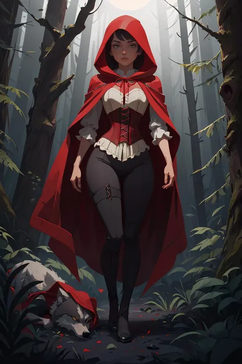 award winning full body shot (portrait photo:1.2) of (red riding hood woman:1.2) looking at a (dead wolf:1.2),(white corset, red cloak:1.2),deep dark forest,pine trees,bushes,forest plants in foreground,trending on artstation,highly detailed,fine detail,intricate,dark dark dark dark moonlight,deep shadow,high contrast,shallow depth of field,dynamic pose,