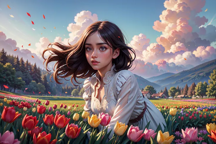 a variety of flowers, tulips, Flower petals are flying in the wind, action-packed, cinematic angle, fairy tale, holiday, beautiful flowers, spring, dew on the flowers, detailed trees, beautiful nature, detailed flowers, bright colors, beautiful clouds, volumetric light, high quality, <lora:add_detail:0.8>, epic realistic, art, (hdr:1.3), hyperdetailed, (artstation:1.3), cinematic, warm lights, dramatic light, (intricate details:1.1), complex background