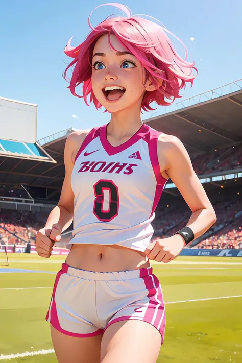 1girl, cheerful and determined athlete with short pink hair and bright blue eyes, competes to become the best in their sport, <lora:GoodHands-beta2:0.8>, scenery