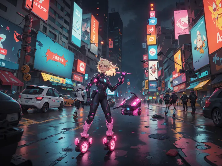 SCI FI theme, cyperpunk theme BREAK High speed chase, action shot, police CHASE BREAK full body, (futuristic rollerblades), night,cyberpunk, neon,neon inline skates, <lora:epi_noiseoffset2:1> , mechanical eye, cyberntic eye, platinum blonde hair, BREAK circle, times square, neon lights, rain, spacecraft, BREAK hologram,posters,Billboards, (drones:1.2)