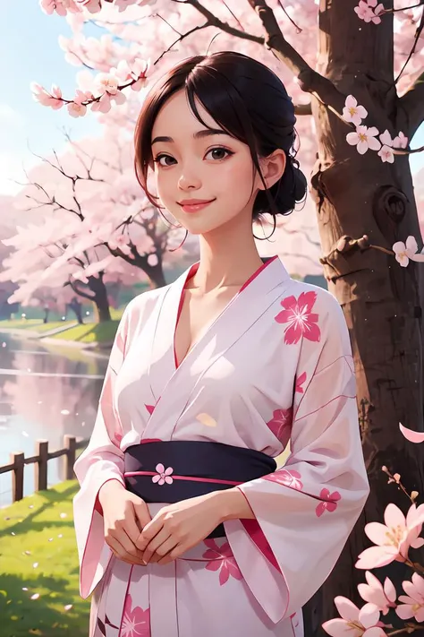 1girl, solo, smile, look away, beautiful see-through Yukata, delicate pattern, beautiful neck , complex background, cherry blossom ,masterpiece, best quality, scenery, <lora:GoodHands-beta2:0.8>