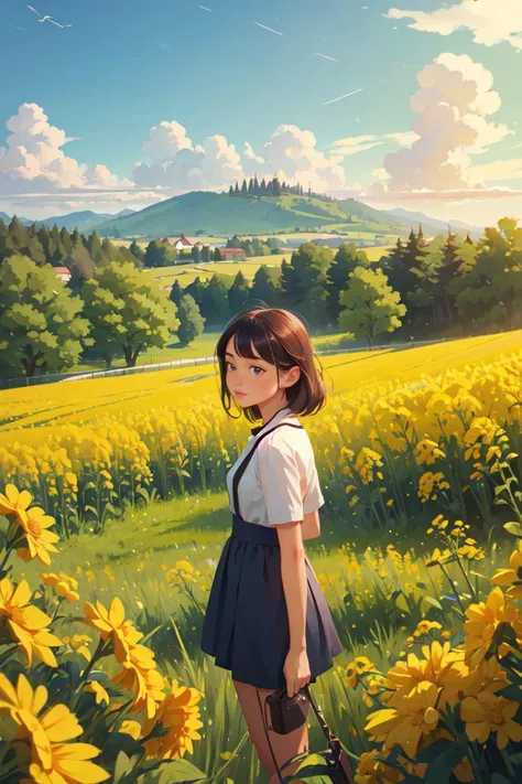 (masterpiece:1.2), (best quality:1.2), 1girl, outdoors, Rapeseed, <lora:GoodHands-vanilla:1>, scenery